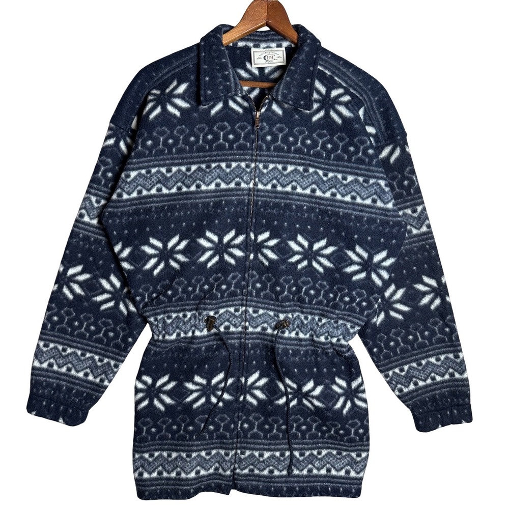 Vintage Bugle Boy Navy Blue Snowflake Fair Isle Fleece Jacket Zip Drawstring M‎